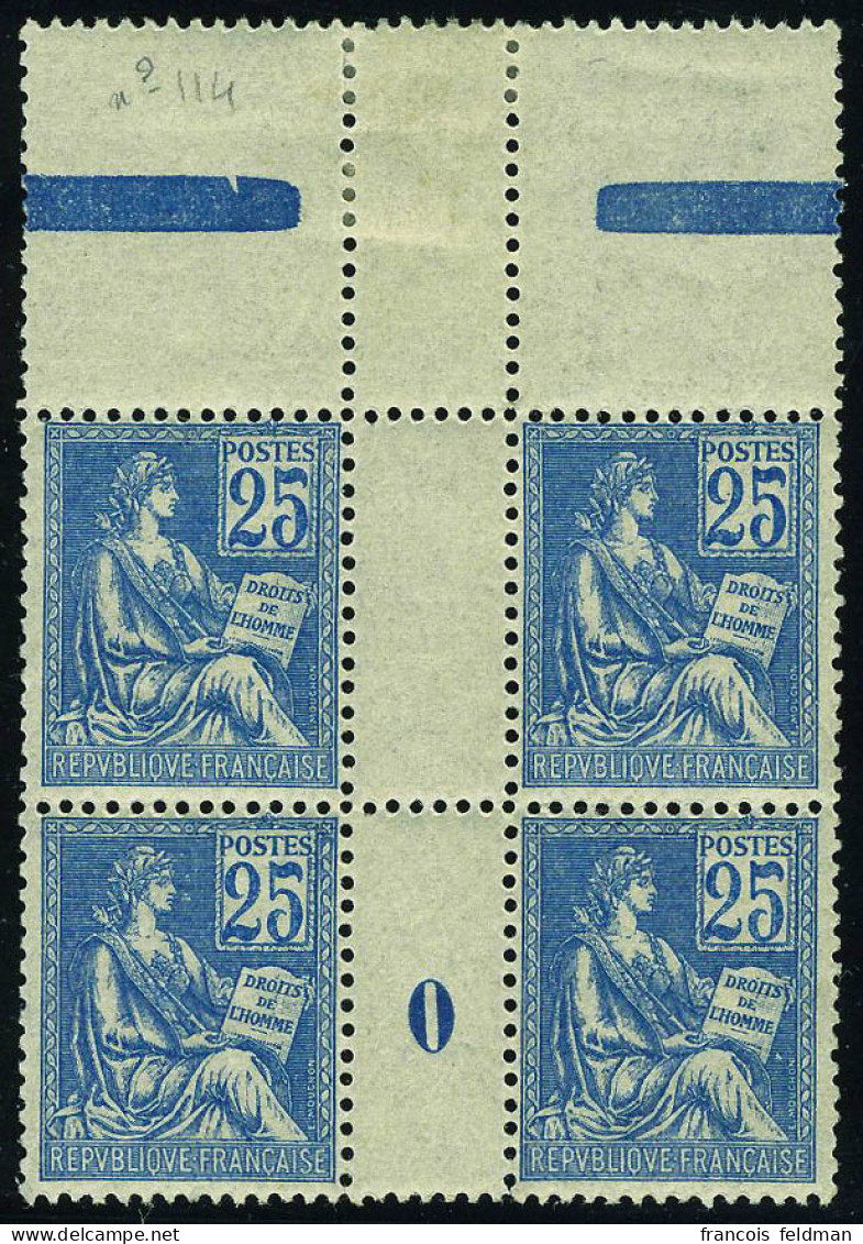 Neuf Sans Charnière N° 114, 25c Bleu, Bloc De 4, Haut De Feuille Millésime 0, Superbe - Otros & Sin Clasificación