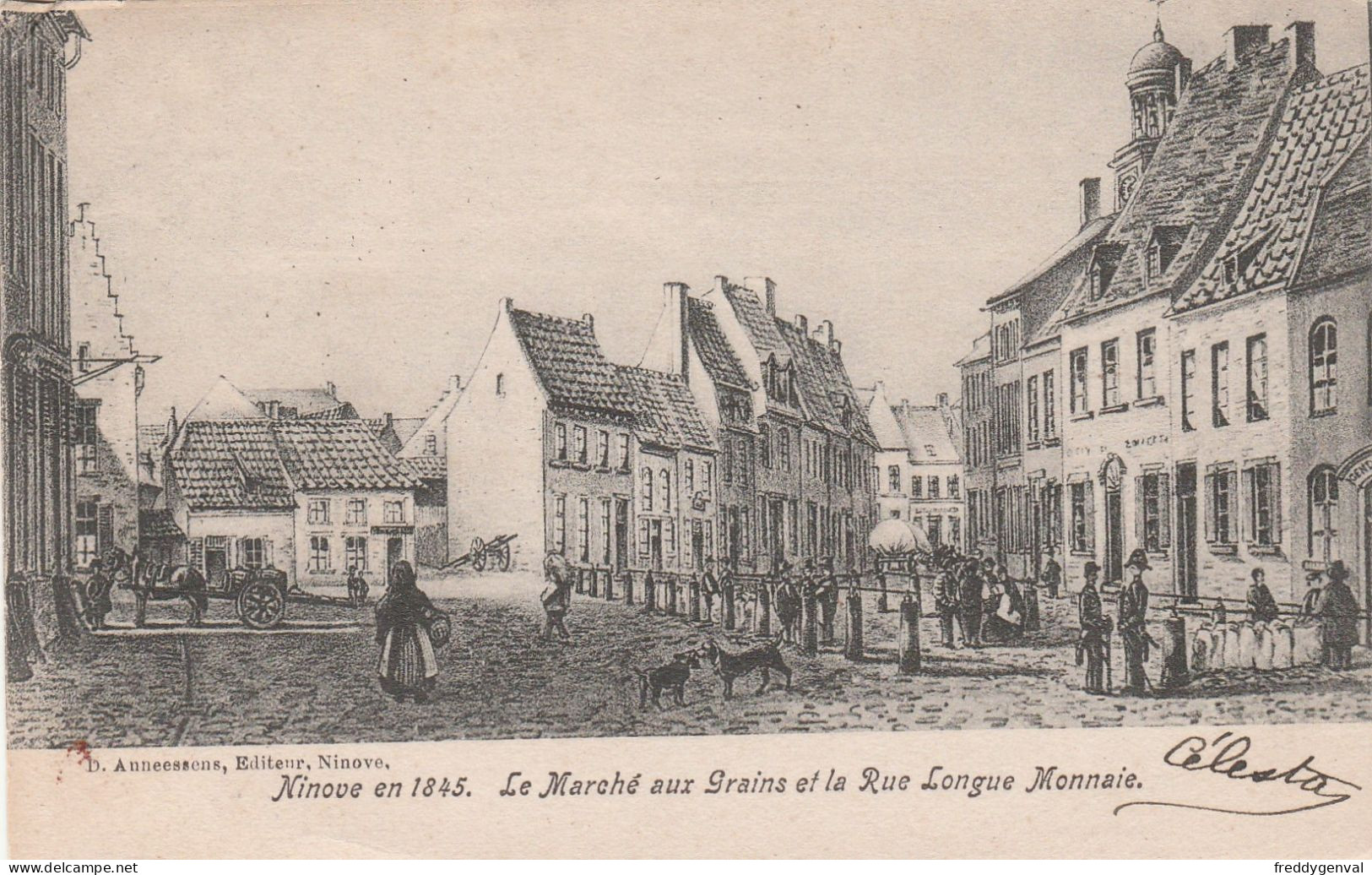 NINOVE LE MARCHE AUX GRAINS ET LA RUELONGUEMONNAIE CARTE DESSIN - Ninove