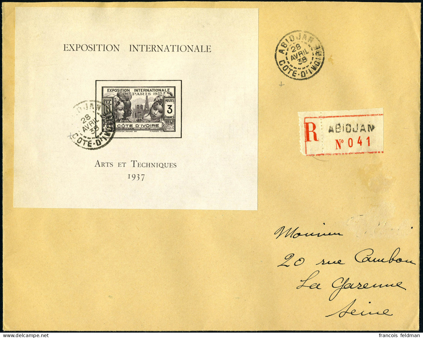 Lettre N° 1, Le Bloc Expo De Paris, Seul Sur Lettre Recommandée D'Abidjan (28.4.38) Pour La Garenne-Colombes, Arrivée Au - Andere & Zonder Classificatie