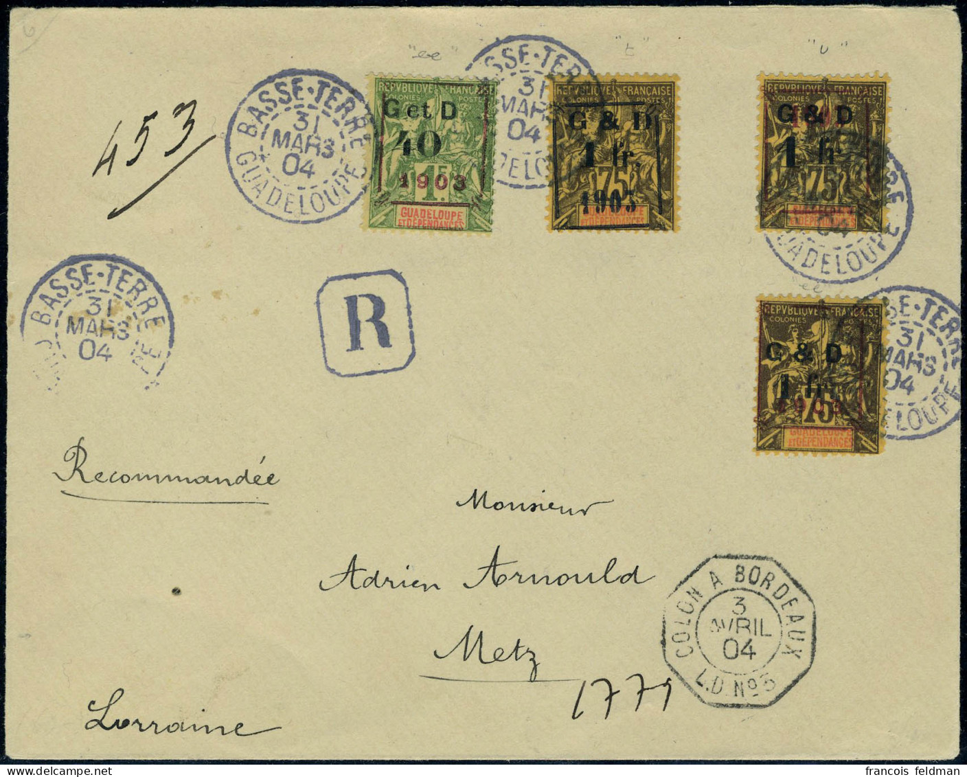 Lettre N° 51 + 52 + 53 X 2 Ex. Surch. Différentes Obl. Du 31/3/04 S/LR Pour Metz, TB - Andere & Zonder Classificatie