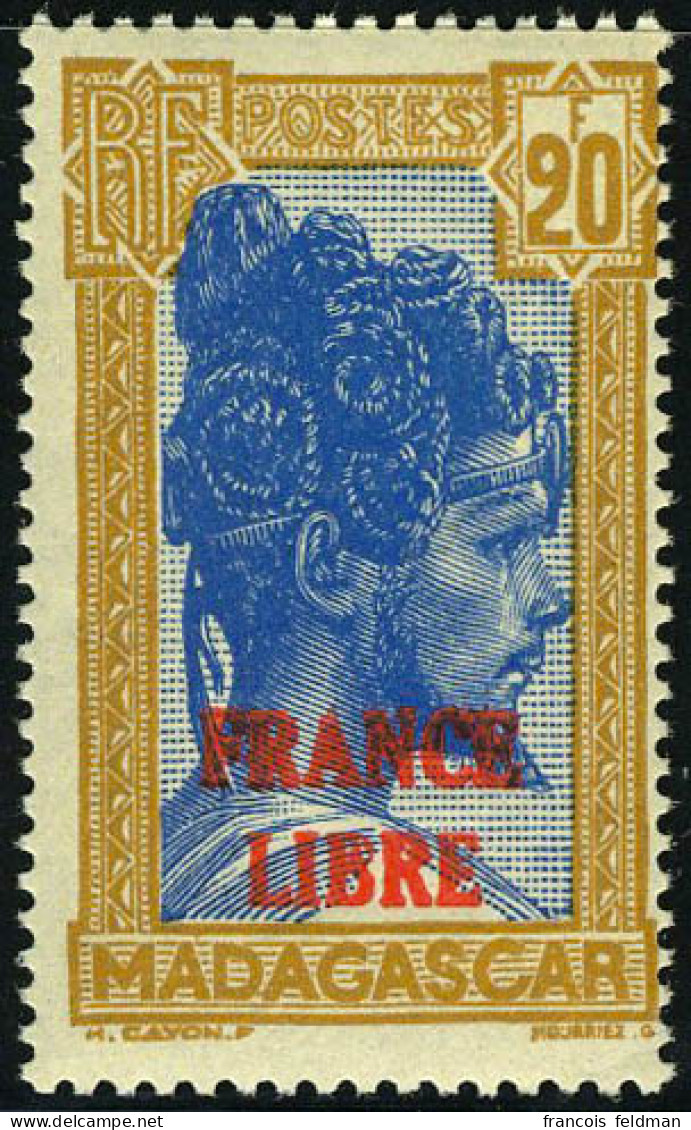 Neuf Sans Charnière N° 255A, 20f Bistre Et Bleu, France Libre, Superbe, Signé Calves - Otros & Sin Clasificación