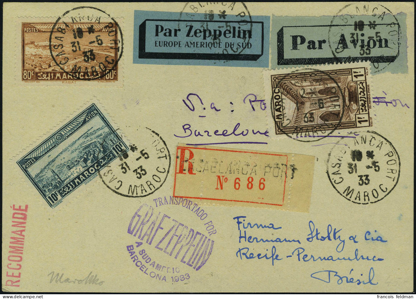 Lettre Zeppelin CP Recommandée Cachet A Sudamerica Barcelona 1933 Càd Casablanca 31.5.33 Càd De Transit Barcelona 2 Juin - Sonstige & Ohne Zuordnung