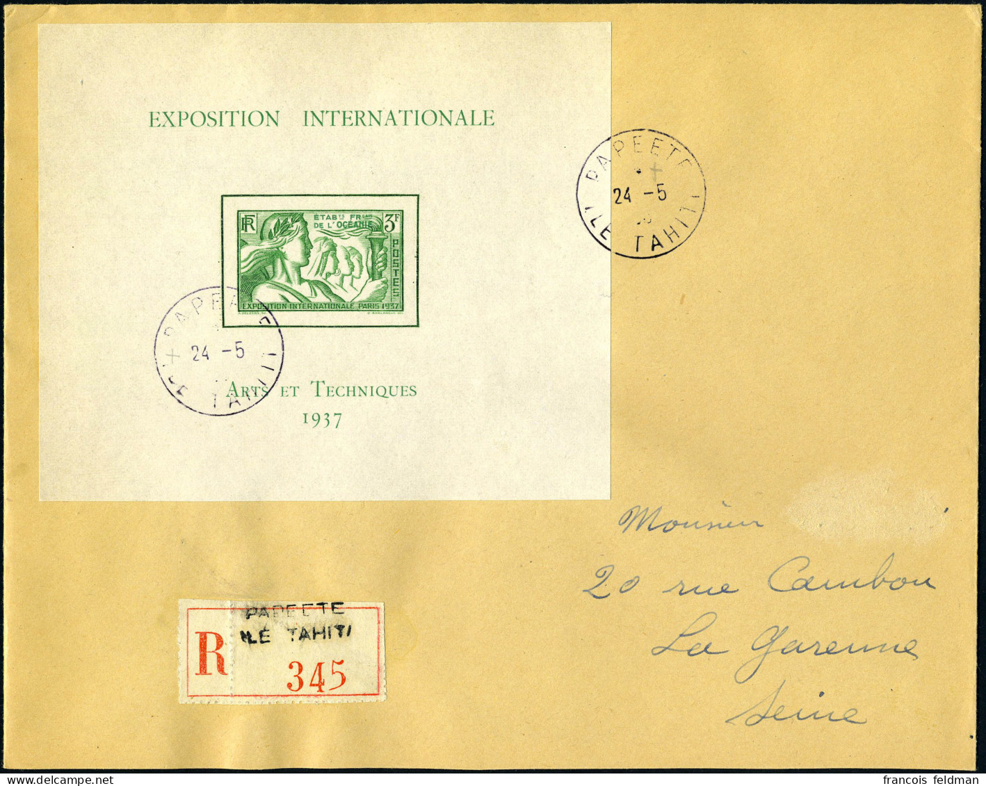 Lettre N° 1, Le Bloc Expo De Paris Seul Sur Lettre Recommandée De Papeete (24.5.38) Pour La Garenne-Colombes, Arrivée Au - Sonstige & Ohne Zuordnung