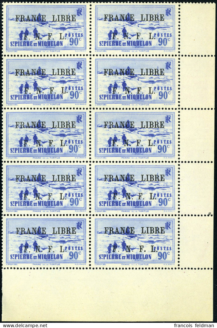 Neuf Sans Charnière N° 262, 90c Bleu, France Libre, Bloc De 10 Timbres, Cdf, Superbe - Sonstige & Ohne Zuordnung