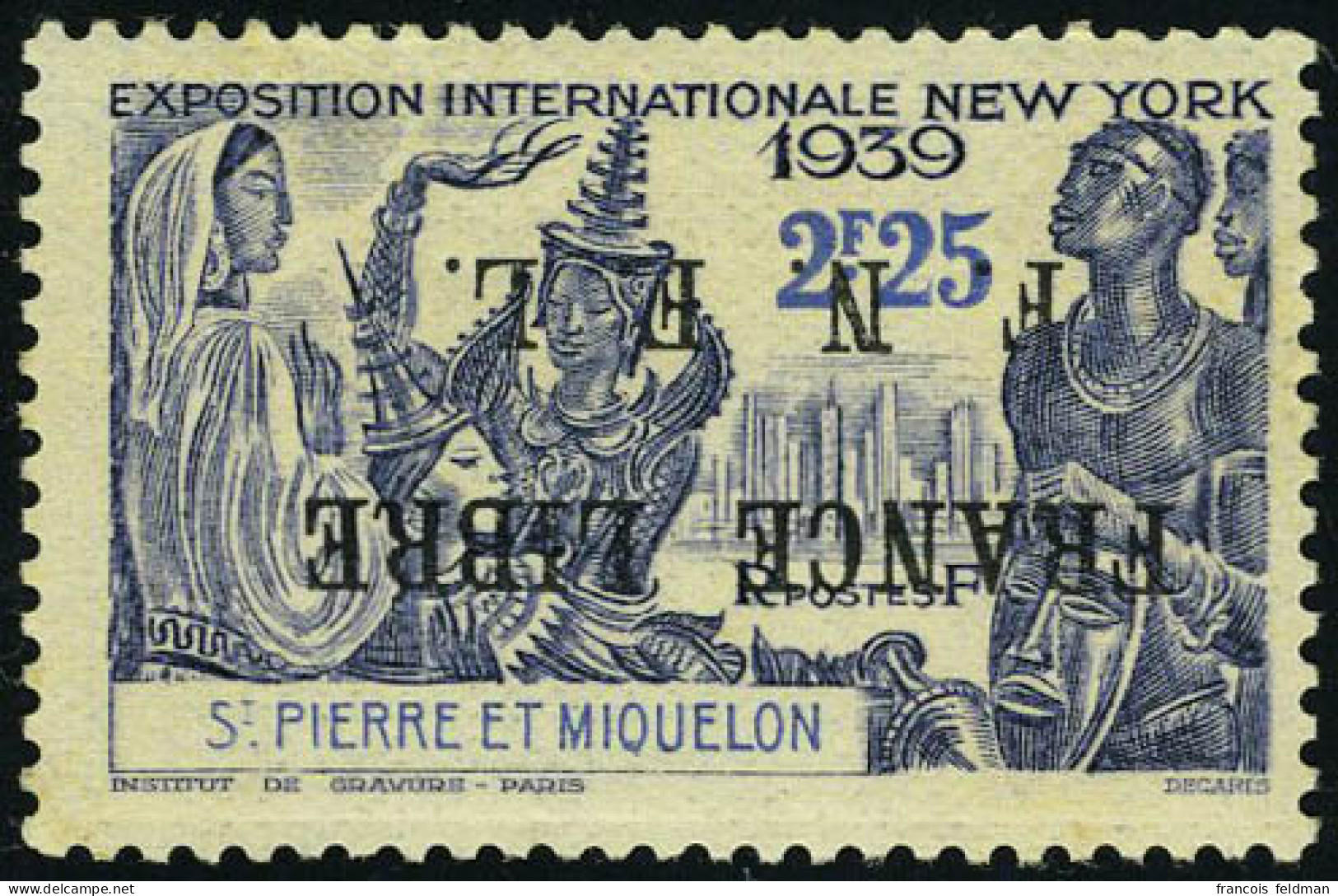 Neuf Sans Charnière N° 282A, 2f25 New York, Surcharge France Libre Renversée, T.B. Signé Calves - Andere & Zonder Classificatie