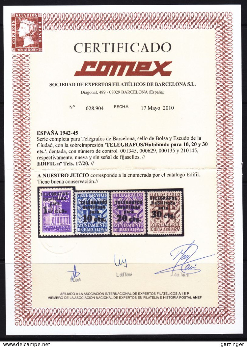 1942/45 BARCELONA TELEGRAFOS EDIFIL 17/20. NUEVO **/MNH. MUY BONITA. CON CERTIFICADO COMEX. CATALOGO 595€ - Barcelona