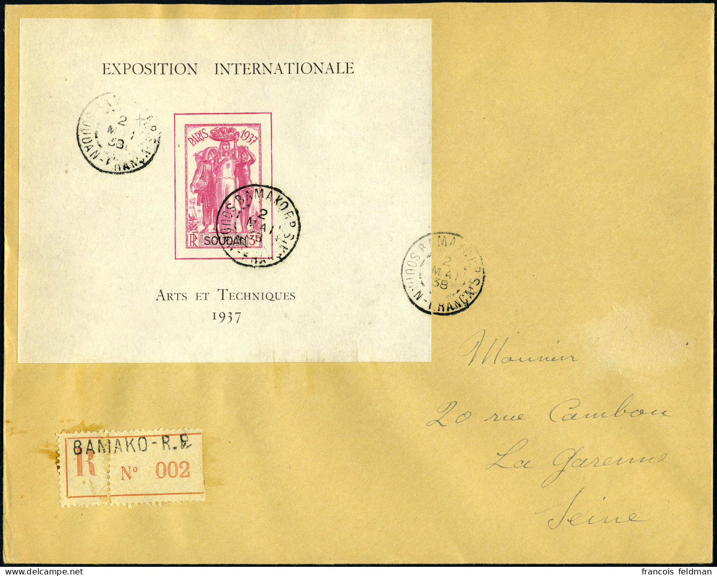 Lettre N° 1, Le Bloc Expo De Paris, Seul Sur Lettre Recommandée De Bamako (2.5.38) Pour La Garenne-Colombes, Arrivée Au  - Otros & Sin Clasificación