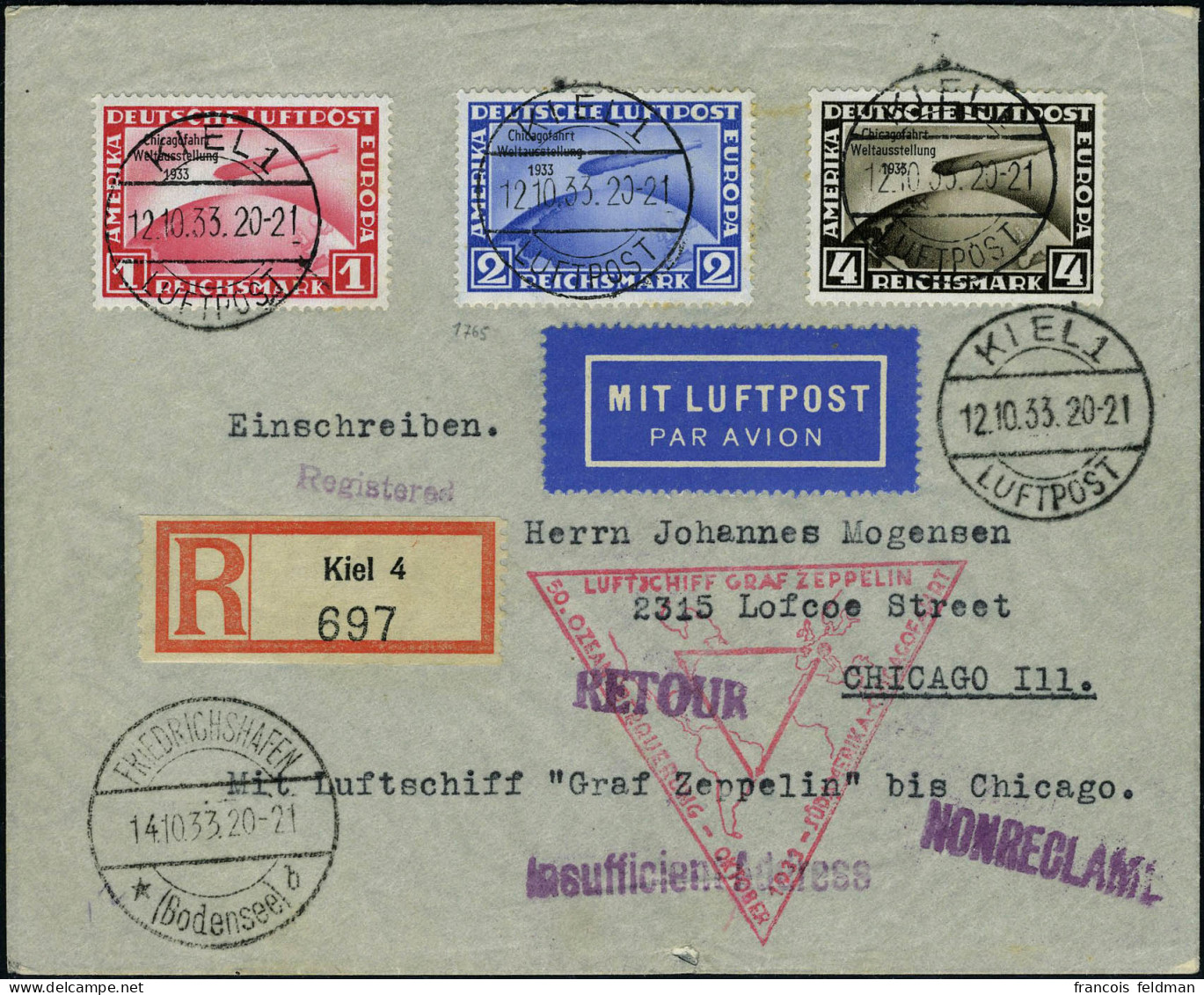 Lettre N° 42A/C, La Série Chicagofahrt 1933, S/LR, Zeppelin Pour Chicago, TB, Certificat Schlegel - Sonstige & Ohne Zuordnung