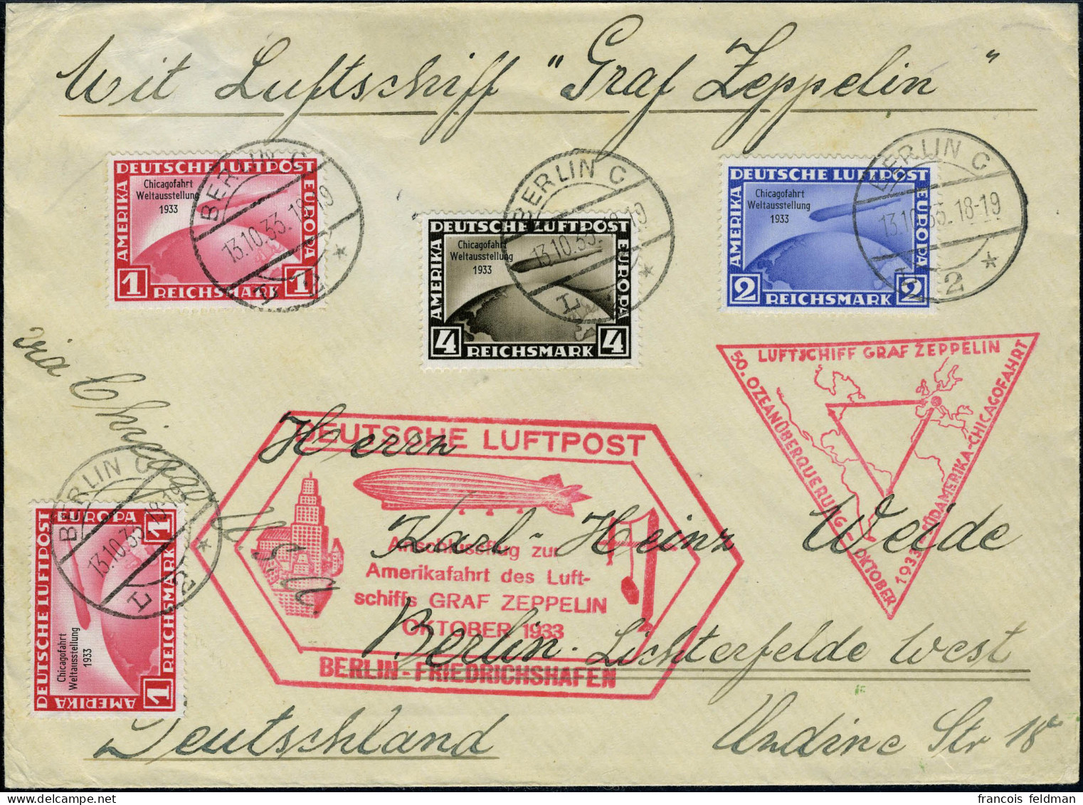 Lettre N° 42A/C, La Série Chicagofahrt 1933, S/L (1m X2), TB, Rare, Sieger 238 - Andere & Zonder Classificatie