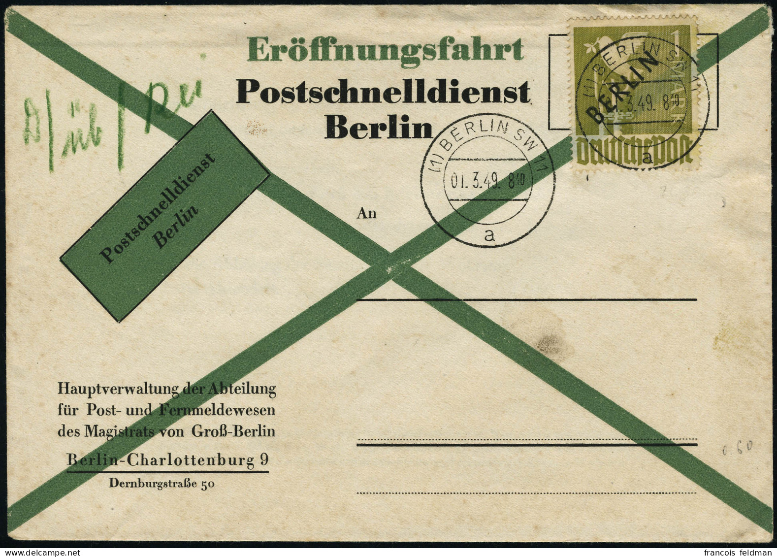 Lettre N°17. 1m Olive. Oblitéré 01/3/49 Berlin Sur Enveloppe Spéciale Postchnelldienst Berlin. T.B. (Michel 750 Euros) - Andere & Zonder Classificatie