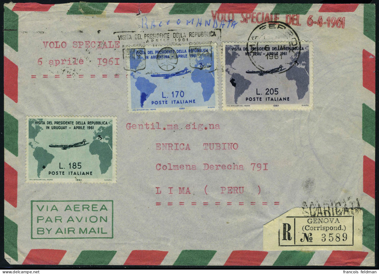 Lettre N° 847A, 205l Violet Recouvert Par Le 205l Gris + Aff Complémentaire Sur LR De Genova Pour Lima 6 Apr 61, T.B. - Andere & Zonder Classificatie