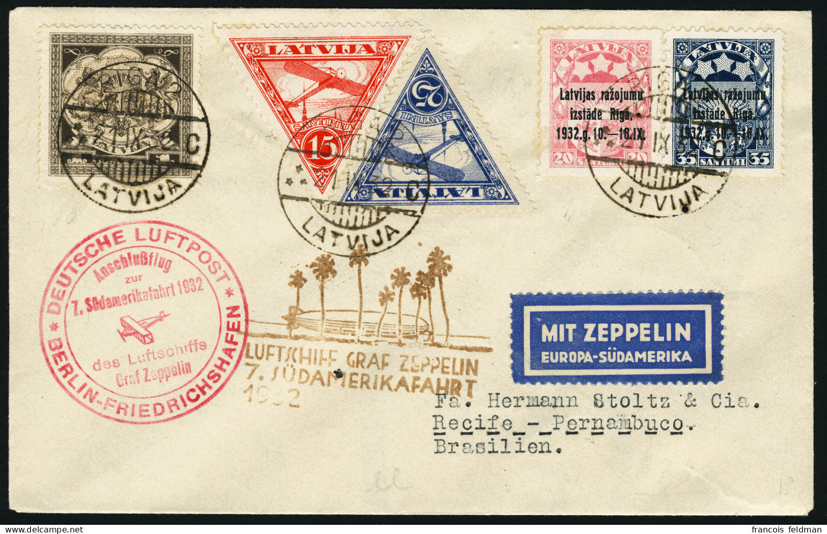 Lettre Zeppelin. 7. SAF 1932. Lettre Avec CàD Riga 21.IX.32 Pour Recife. Au Verso CàD De Transit De Berlin (24.9.32). Ar - Sonstige & Ohne Zuordnung