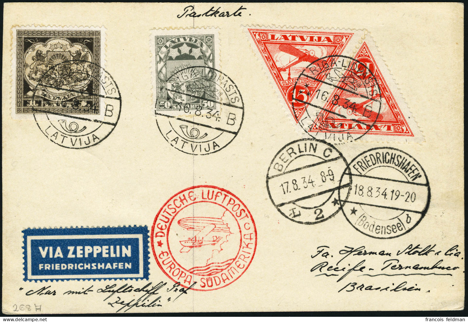Lettre Zeppelin. C.P. Avec CàD Riga 16.8.34. Cachet Rouge Europa-Südamerika. CàD De Berlin (17.8.34) Et De Friedrichshaf - Otros & Sin Clasificación