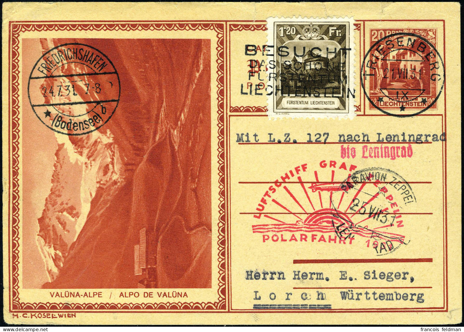 Lettre Zeppelin Polarfahrt 1931 Sur Entier Postal + N° 105, T.B. - Otros & Sin Clasificación