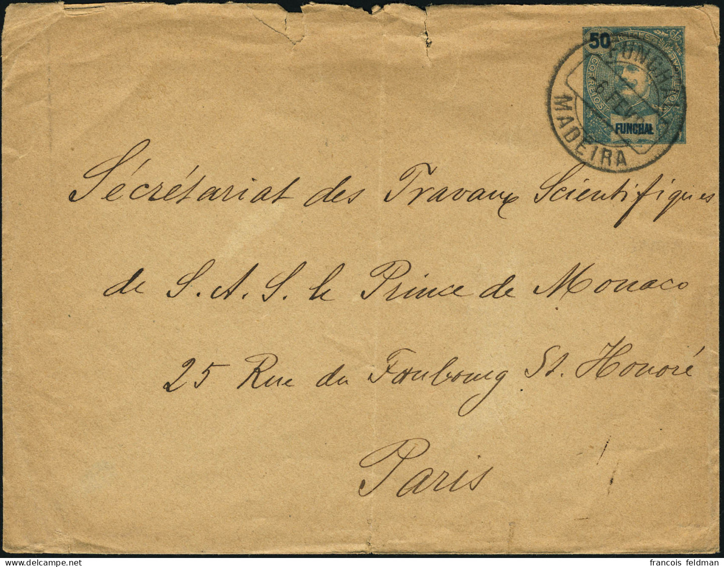 Lettre Entier Postal à 50r. Type De 1897. CàD Funchal 6 Fev 97 Pour Paris Avec Arrivée. Petite Déchirure (1cm) Sinon T.B - Otros & Sin Clasificación