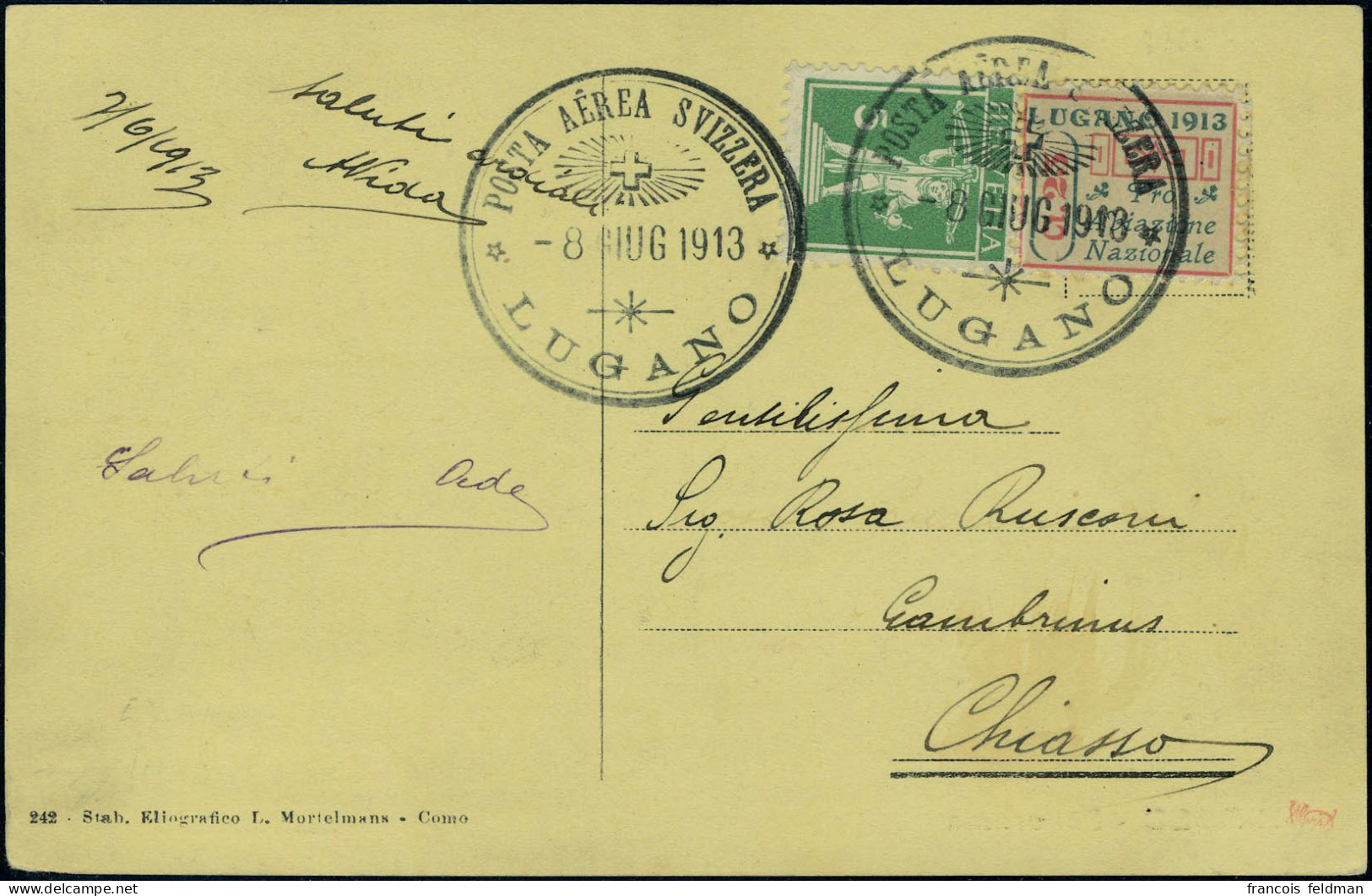 Lettre Précurseur Lugano 25c 1913 + Affrancht Complémentaire S/Carte Avec Vue Obl. Du Cachet Spécial, TB - Zumstein IX 2 - Other & Unclassified