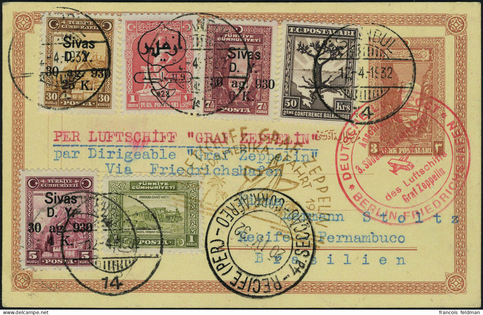 Lettre Zeppelin SAF 1932, E Postal + Affranchissement Complémentaire, Càd Istambul 12.4.1932 + Cachet Rouge Berlin Fried - Sonstige & Ohne Zuordnung