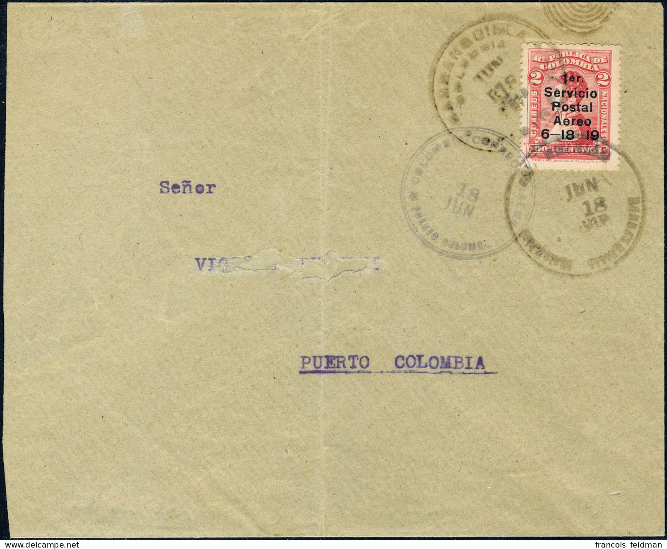 Lettre N° 1, Vol Postal Baranquilla Puerto Colombia, Sur Lettre, CàD De Baranquilla 18 Juin 1919, Et CàD De Puerto Colom - Autres & Non Classés