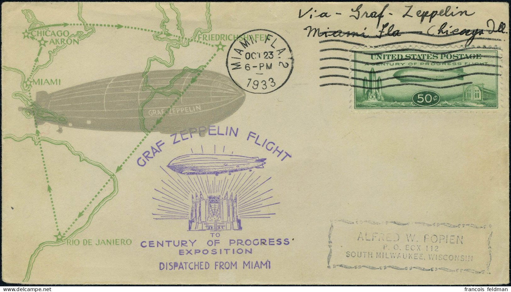 Lettre N° 17, 50c Vert, Zeppelin S/pli Zeppelin Miami - Chicago 1933, TB - Other & Unclassified