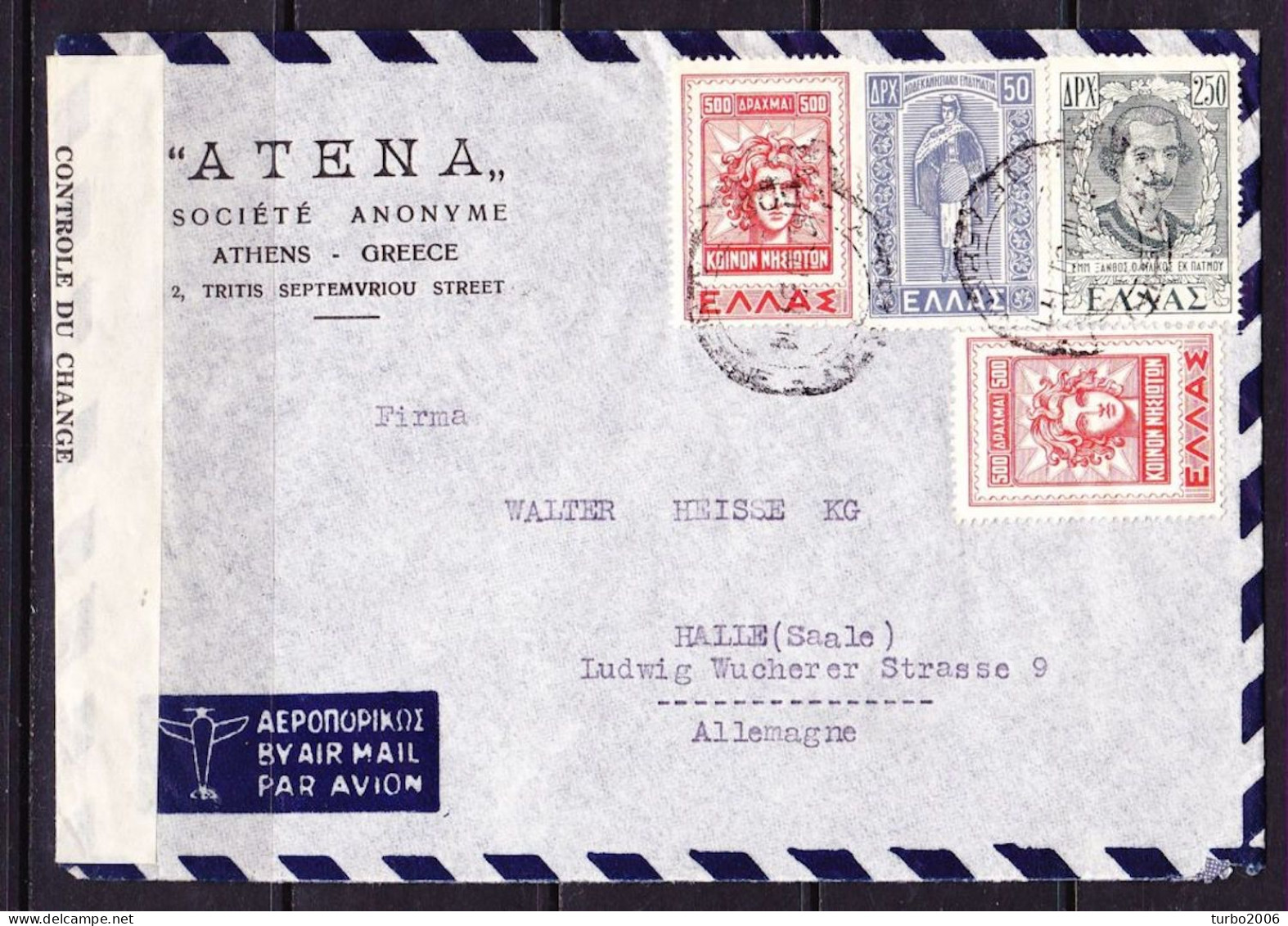 GREECE 17-III-1950 Controle Du Change Censor 12 On Letter From Greece To Germany : See Cancellations - Cartas & Documentos