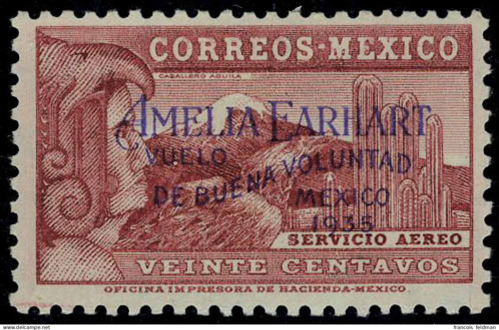 Neuf Avec Charnière N° 69A, 20c Carmin, AMELIA EARHART 1935, SUPERBE, Rare, Signé Sanabria, Bloch + Certificat Mexico So - Andere & Zonder Classificatie