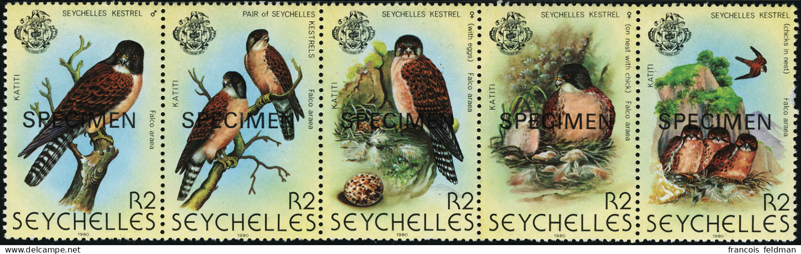 Neuf Sans Charnière N°429/433. La Série Oiseaux. Bande De 5 Surchargés SPECIMEN. T.B. - Sonstige & Ohne Zuordnung