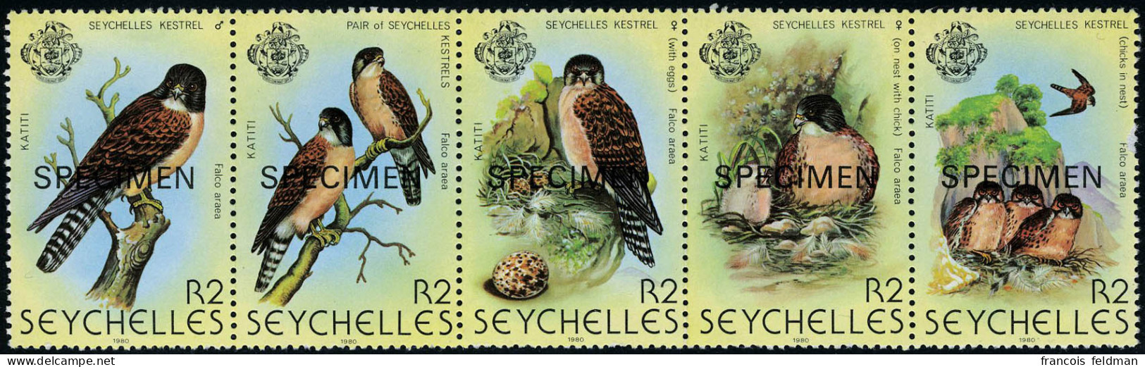 Neuf Sans Charnière N°429/433. La Série Oiseaux. Bande De 5 Surchargés SPECIMEN. T.B. - Autres & Non Classés