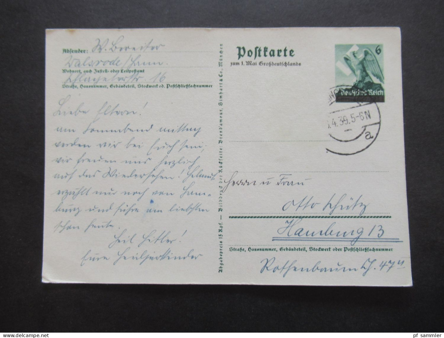 3.Reich 1939 Ganzsache / Propaganda "Wir Danken Unserem Führer" Als Fern PK Walsrode - Hamburg - Postcards