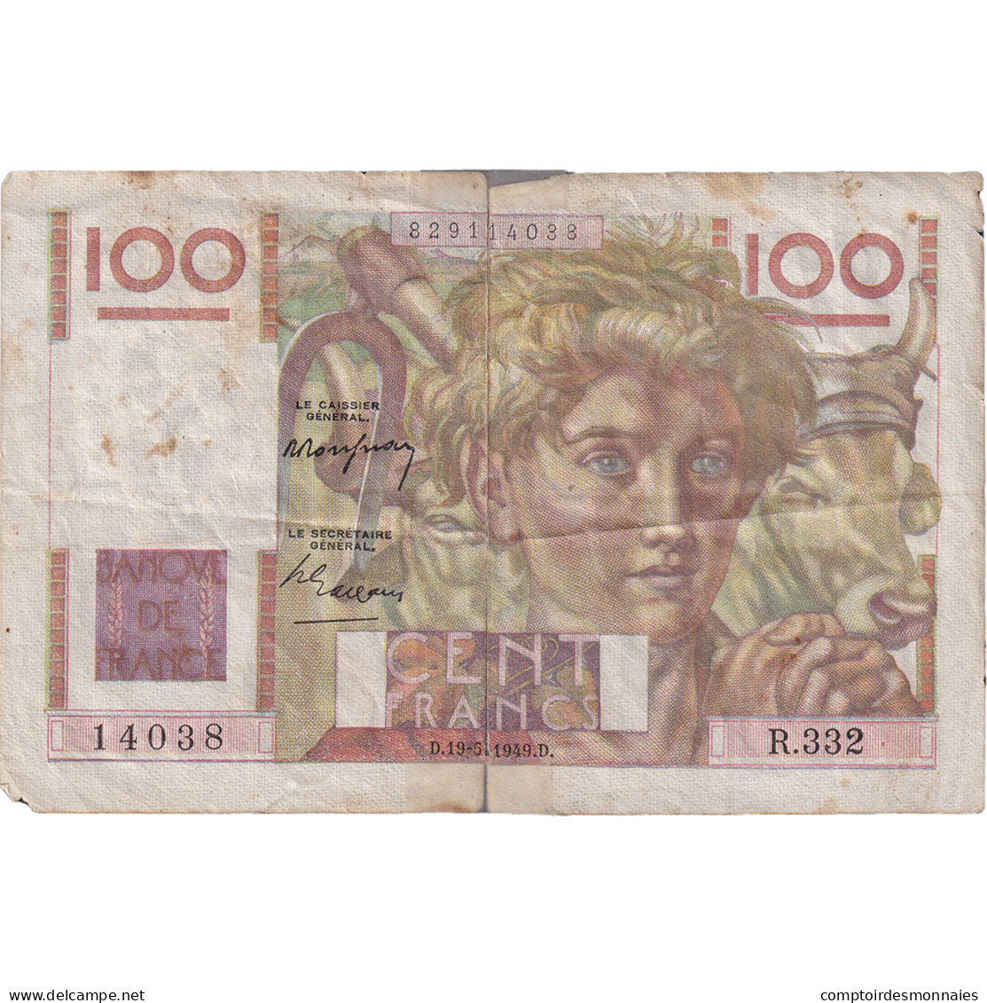France, 100 Francs, Jeune Paysan, 1949, R.332, B, Fayette:28.24, KM:128b - 100 F 1945-1954 ''Jeune Paysan''
