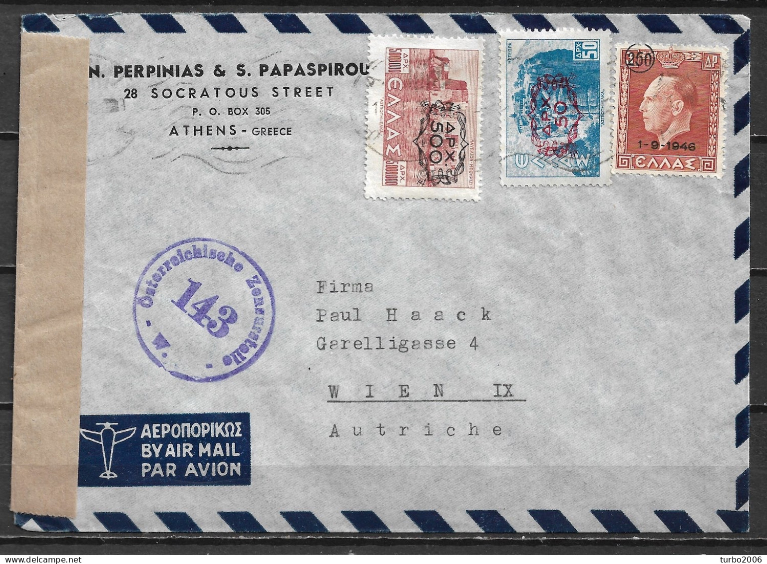GREECE Ca. 1950 Censored Letter From Greece To Austria With Violet Cancellation Osterreichische Zensurstelle W 143 - Cartas & Documentos