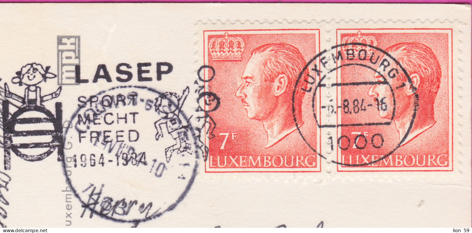 298295 / Luxembourg - Vue Aerienne City PC USED 1984 - 7+7 F. Grand Duke Jean Flamme Laser Sport Mecht Freed Basketball - Lettres & Documents