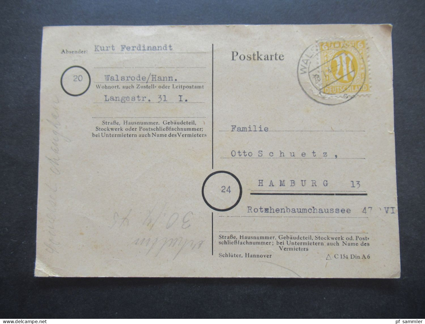 Bizone Am Post Am. Druck Nr.4 EF Auf PK Mit Tagesstempel Walsrode 28.7.1945 (frühe Verwendung!) Nach Hamburg - Lettres & Documents