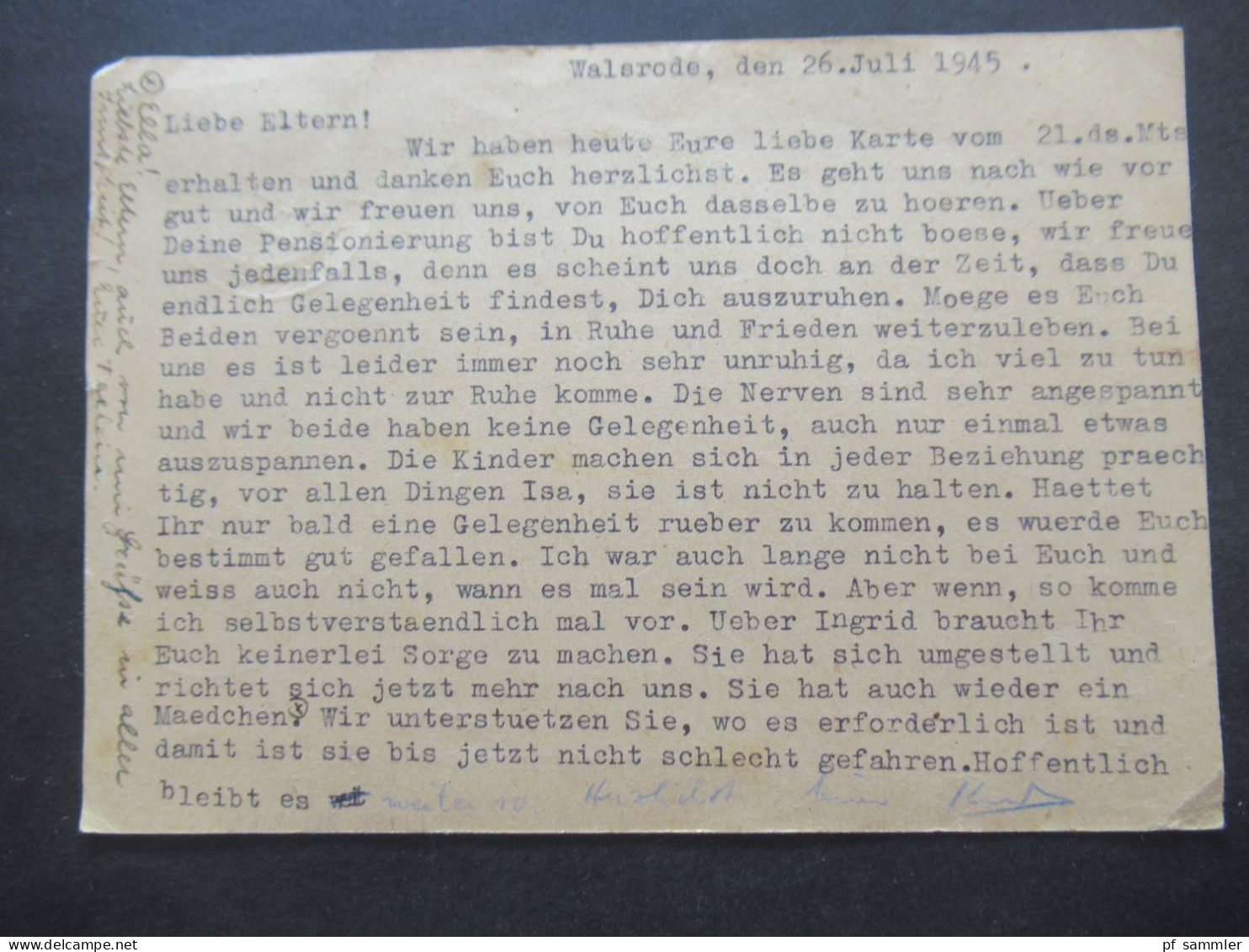 Bizone Am Post Am. Druck Nr.4 EF Auf PK Mit Tagesstempel Walsrode 28.7.1945 (frühe Verwendung!) Nach Hamburg - Storia Postale