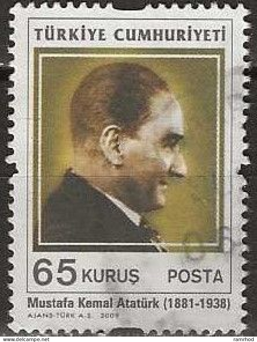 TURKEY 2009 Mustafa Kemal Attaturk Commemoration - 65ykr. - Facing Right FU - Used Stamps