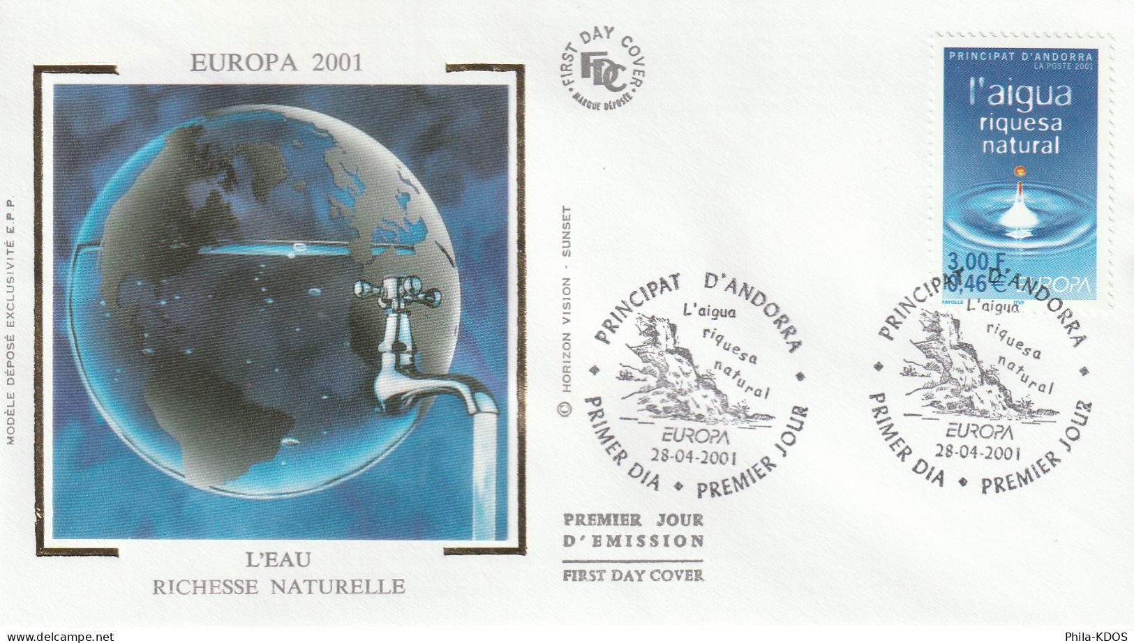 "EUROPA 2001 : L'EAU RICHESSE NATURELLE " Sur Enveloppe 1er Jour Sur Soie D'ANDORRE. Parf état. FDC A SAISIR ! - 2001