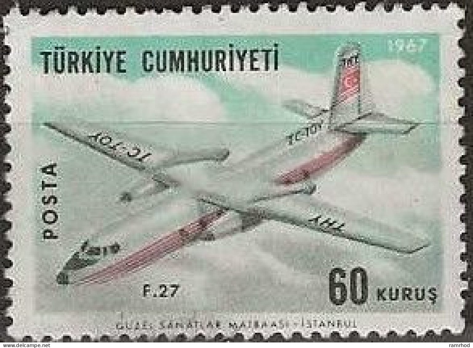 TURKEY 1967 Air. Aircraft - 60k - Fokker F27 Friendship MNG - Unused Stamps