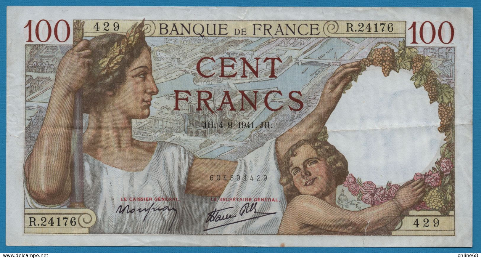 FRANCE 100 FRANCS 04.09.1941 # R.24176 429 F# 26/57, P# 94 Sully - 100 F 1939-1942 ''Sully''