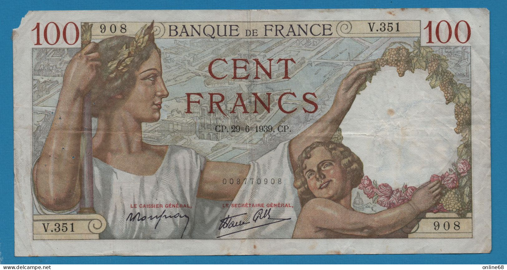 FRANCE 100 FRANCS 29.06.1939 # V.351 F# 26/04, P# 94 Sully - 100 F 1939-1942 ''Sully''