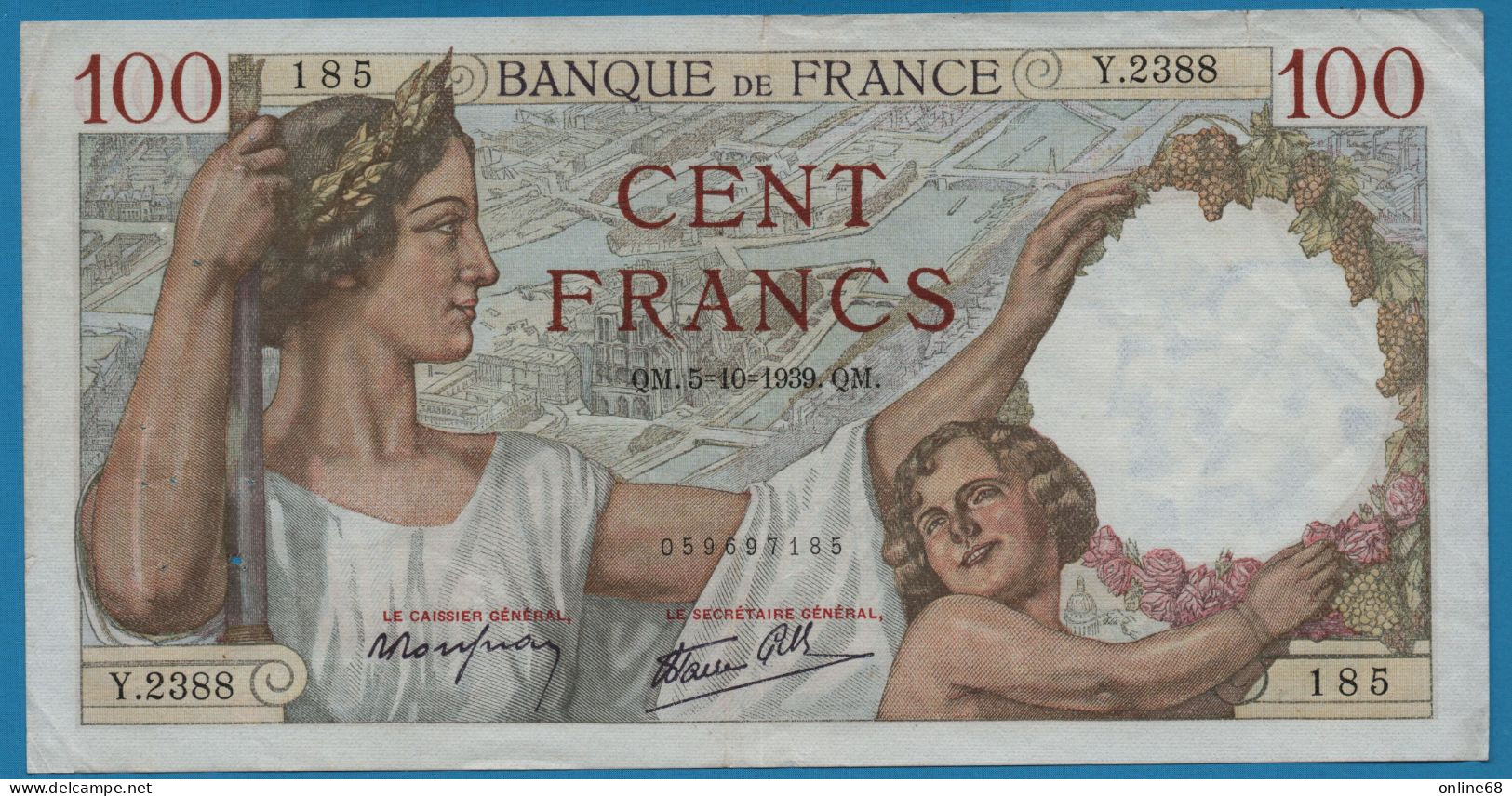 FRANCE 100 FRANCS 05.10.1939 # Y.2388 F# 26/09, P# 94 Sully - 100 F 1939-1942 ''Sully''