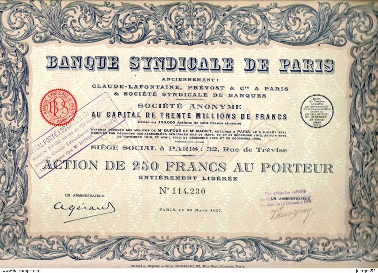 Banque Syndicale De Paris, Impr. Richard - Banque & Assurance