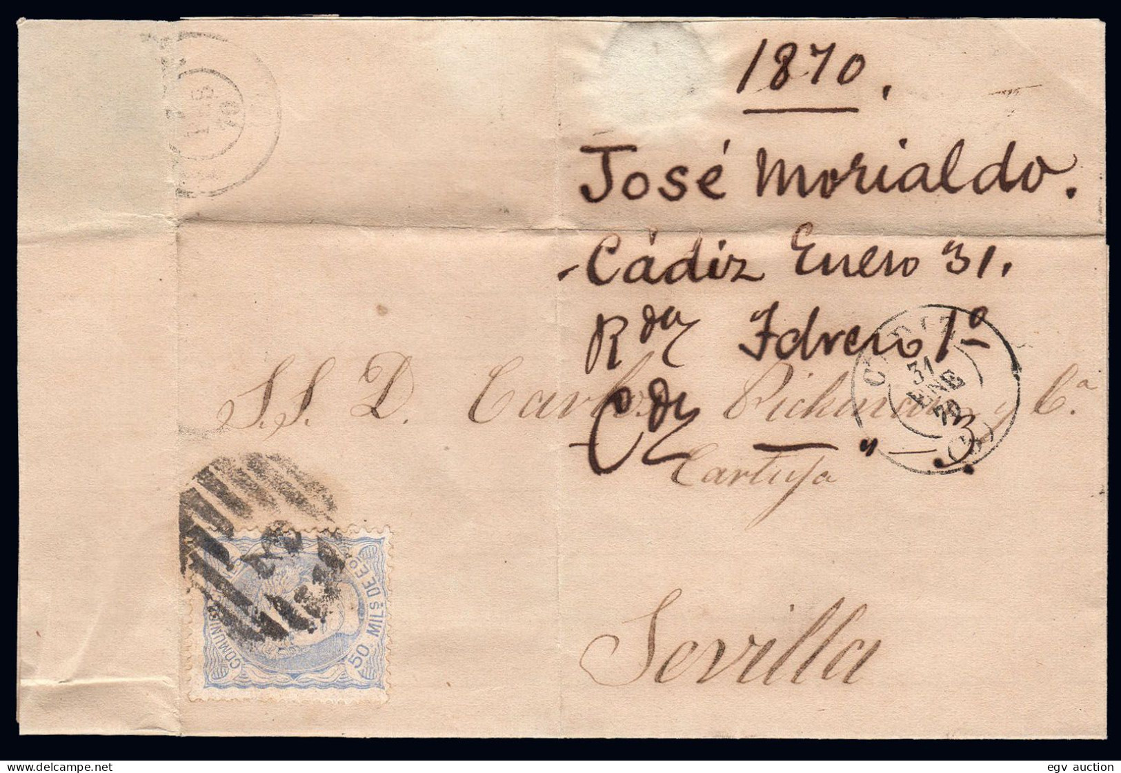 Cádiz - Edi O 107 - 1870 - Carta Mat Parrilla Con Cifra "3 - Cádiz" A Sevilla - Covers & Documents