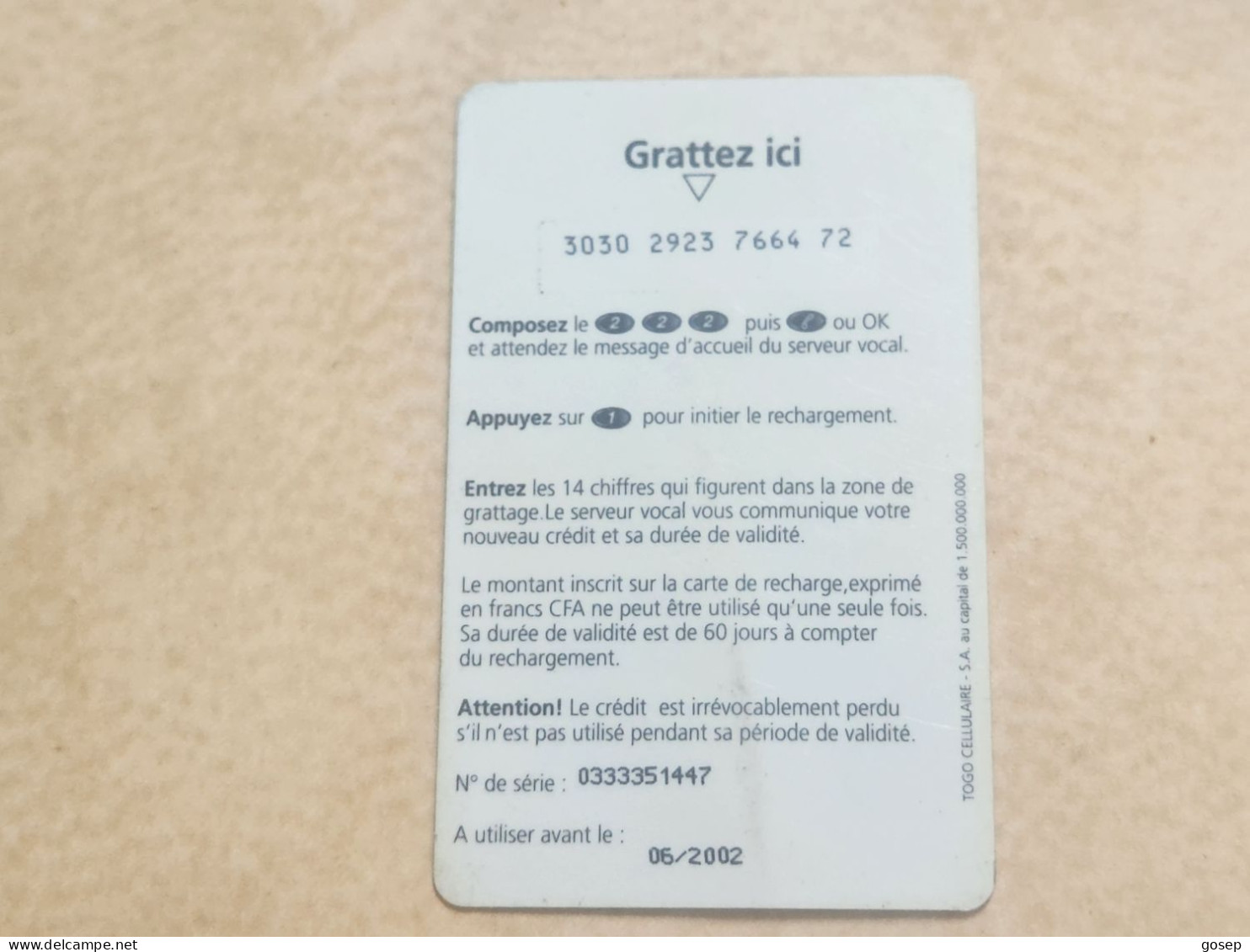 TOGO-(TG-LIB-REF-0010-0206)-Libertis-green 9.000 FCFA-(Vertical)-(10)-(9000FCFR)-(3030-2923-7664-72)-(used Card - Togo