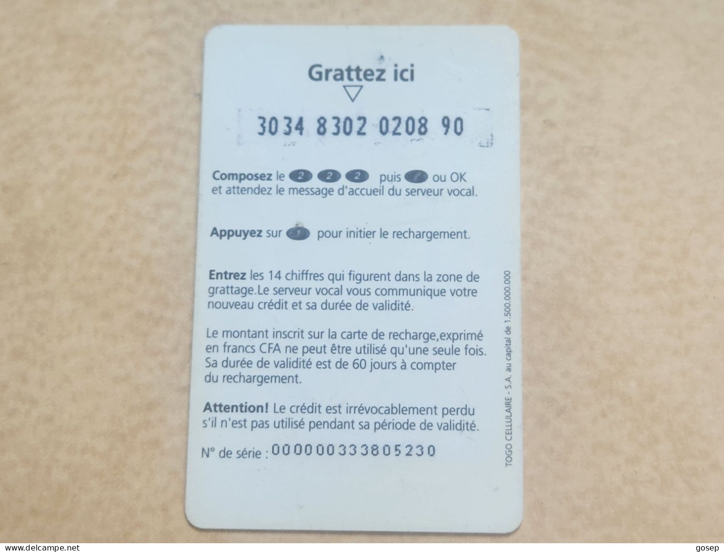 TOGO-(TG-LIB-REF-0010Aa)-Libertis-green 9.000 FCFA-(Vertical)-(12)-(9000FCFR)-(3034-8302-0208-90)-(used Card - Togo