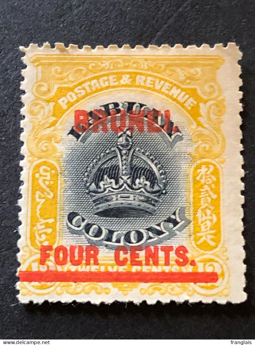 BRUNEI  SG15  MH*  4c On 12c Black And Yellow Of Labuan Colony With Overprint - Brunei (...-1984)