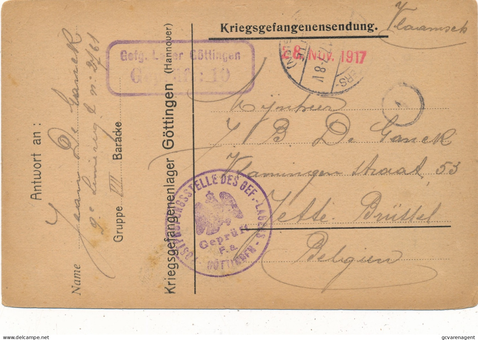 KRIEGSGEFANGENENSENDUNG  LAGER GÖTTINGEN  TO JETTE BRUSSEL  BELGIEN  1917   2 SCANS - Kriegsgefangenschaft