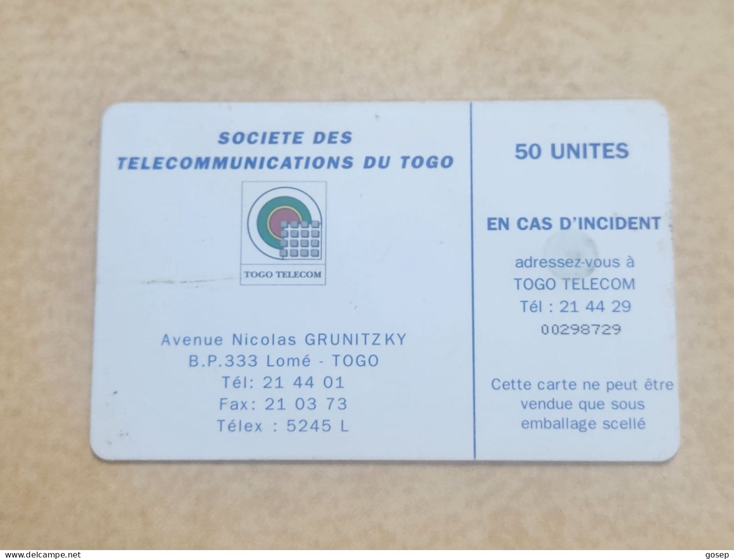 TOGO-(TG-OPT-0006B)-Earth Station 50-Reverse 2-(16)-(50units)-(00298729)-used Card+1card Prepiad Free - Togo