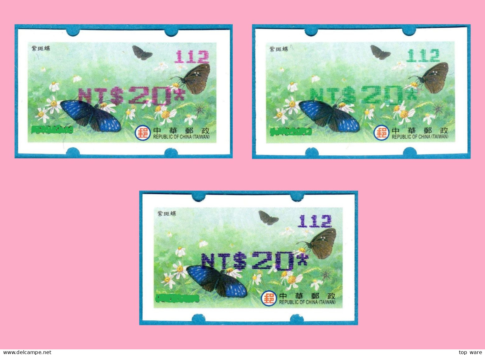 2023 Automatenmarken China Taiwan Schmetterling MiNr.49 Rosa / Grün / Blau Nr.112 ATM NT$20 Xx / Seltene Farben !! - Automatenmarken