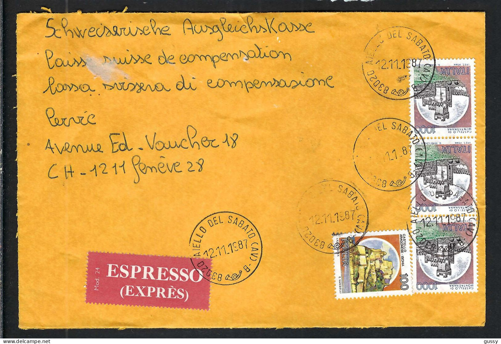 ITALIE 1987: LSC Par Exprès De Aiello Del Sabato Pour Genève (Suisse) - Poste Exprèsse/pneumatique