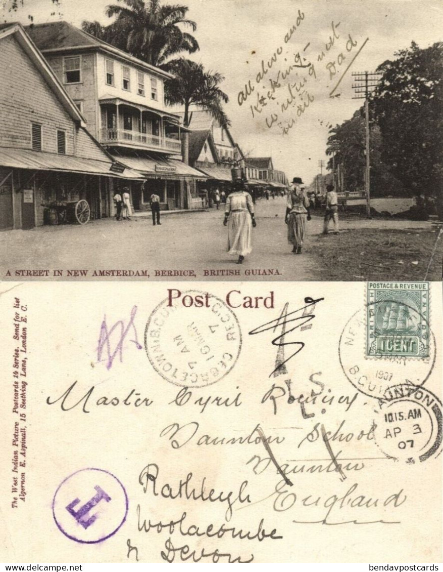 British Guiana, BERBICE, Street In New Amsterdam (1907) Postcard, Due To - Guyana (ex-Guyane Britannique)