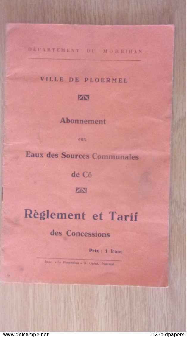 PLOERMEL MORBIHAN ABONNEMENT EAUX SOURCES  COMMUNALES DE CO  REGLEMENT TARIF 1934 - Non Classés